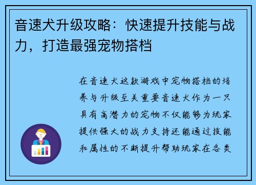 音速犬升级攻略:快速提升技能与战力,打造最强宠物搭档 音速犬升级攻略:快速提升技能与战力,打造最强宠物搭档