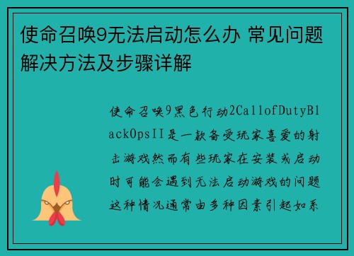 使命召唤9无法启动怎么办 常见问题解决方法及步骤详解
